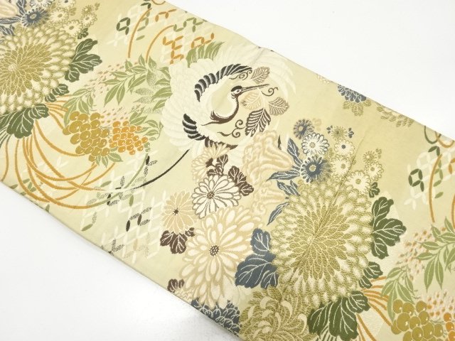 JAPANESE KIMONO / ANTIQUE MARU OBI / WOVEN CRANES & KIKU & HEAVENLY BAMBOO
